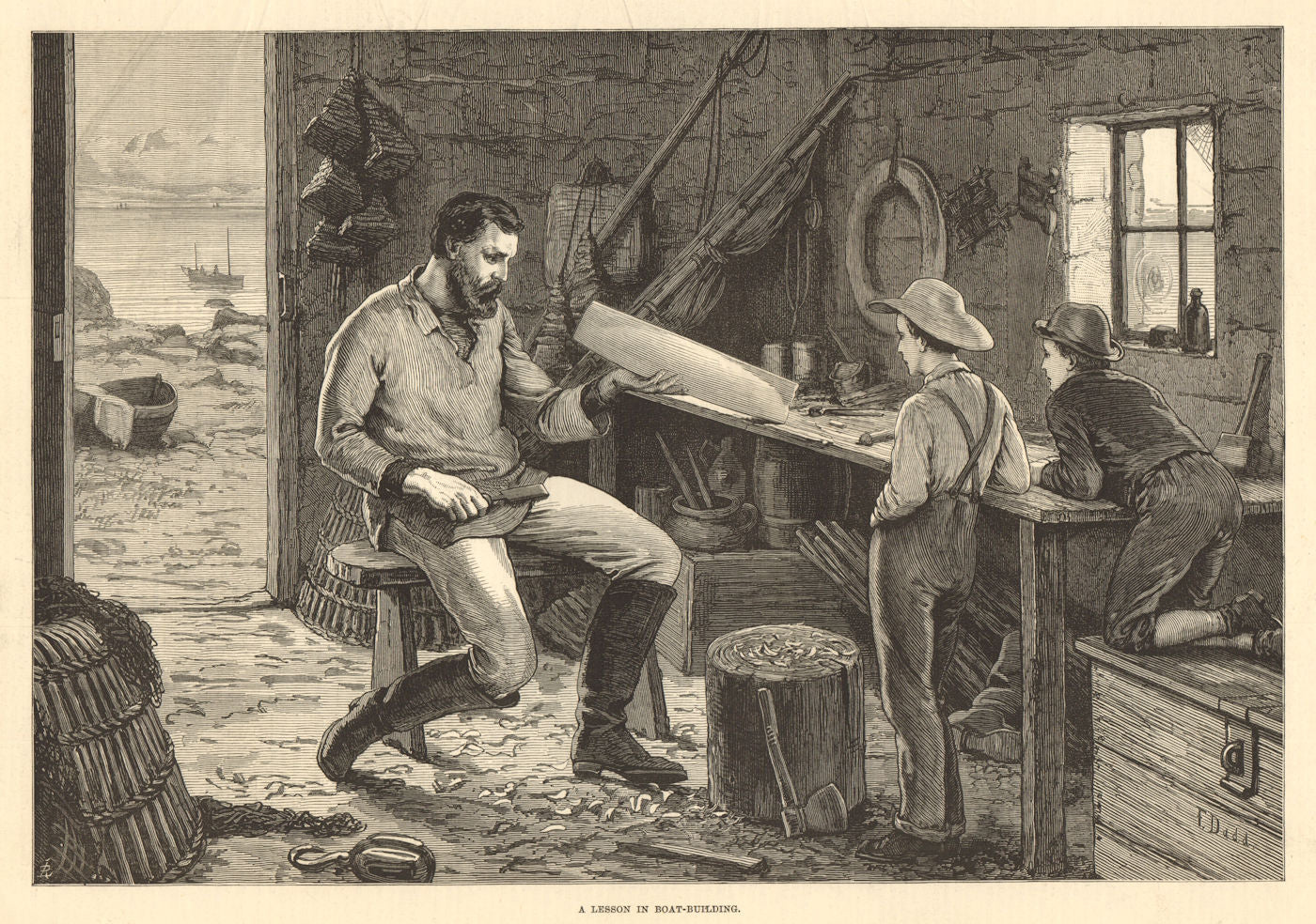 A lesson in boat-building. Education 1877 old antique vintage print picture